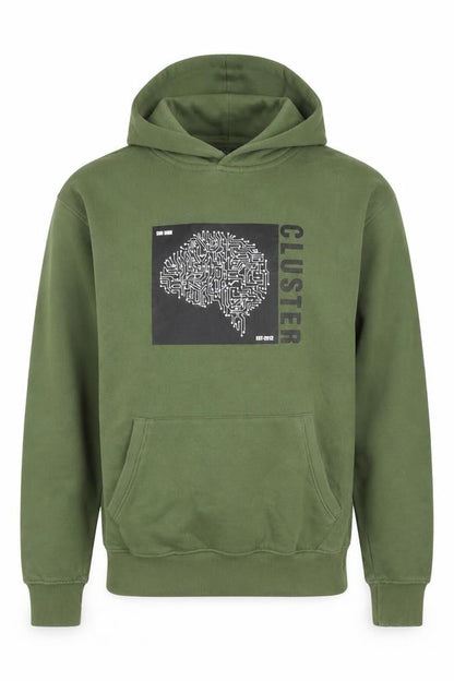 SIN DNM Men's Green Pullover Hoodie S Graphic Print Fleece