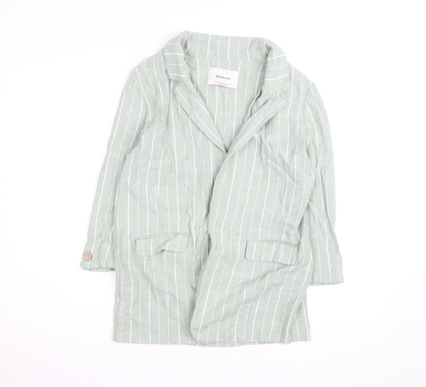 Stradivarius Women Green Striped Linen Blend Blazer Size 12