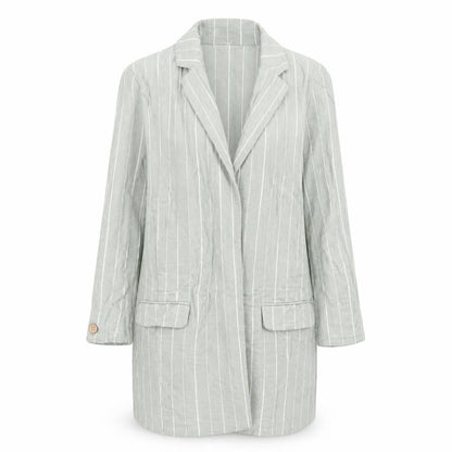 Stradivarius Women Green Striped Linen Blend Blazer Size 12