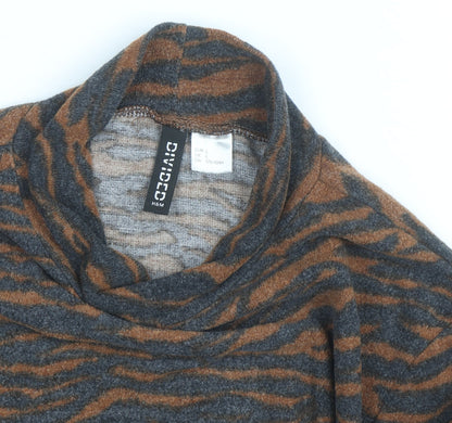 H&M Divided Women's Brown & Grey Animal Print Mock Neck Jumper Size L