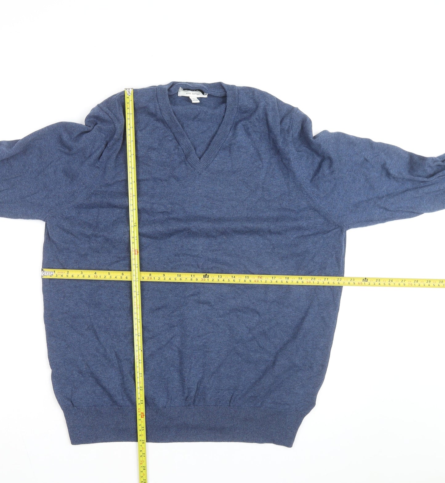 Marks and Spencer Men's Blue Cotton V-Neck Jumper XL