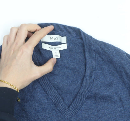 Marks and Spencer Men's Blue Cotton V-Neck Jumper XL