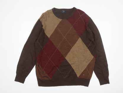Dockers Men's Brown Argyle Crew Neck Acrylic Pullover Jumper XL