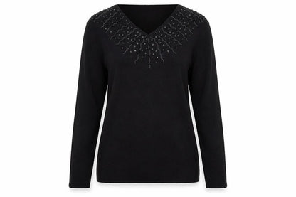 Hasting & Smith Women's Black Petite Beaded V-Neck Wool Blend Jumper