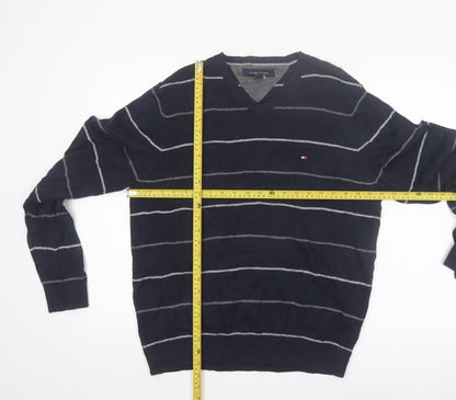 Tommy Hilfiger Men's Blue Striped Cotton V-Neck Jumper M