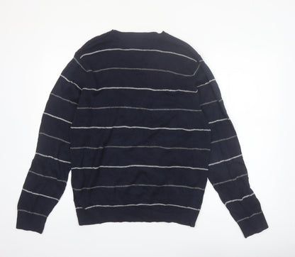Tommy Hilfiger Men's Blue Striped Cotton V-Neck Jumper M