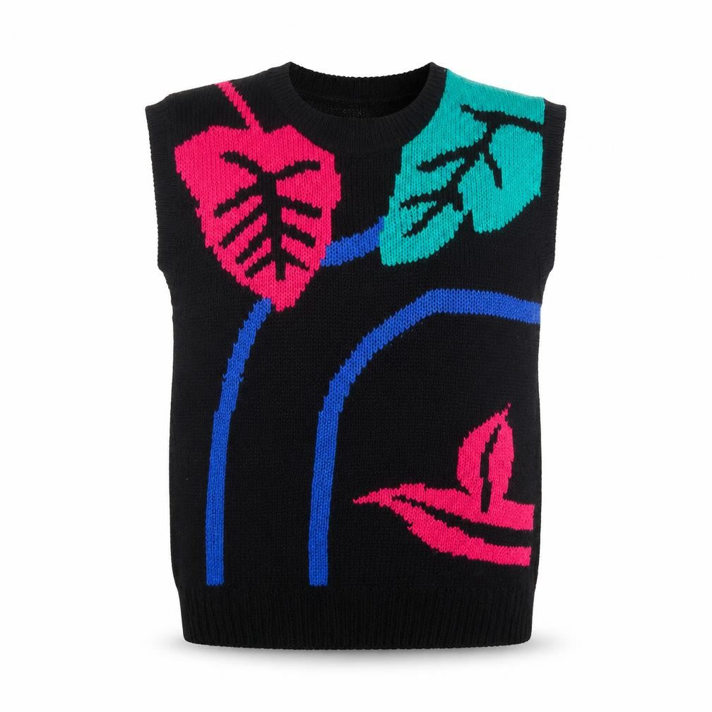 Victoria Jones Womens Black 80s Floral Knit Sleeveless Vest L