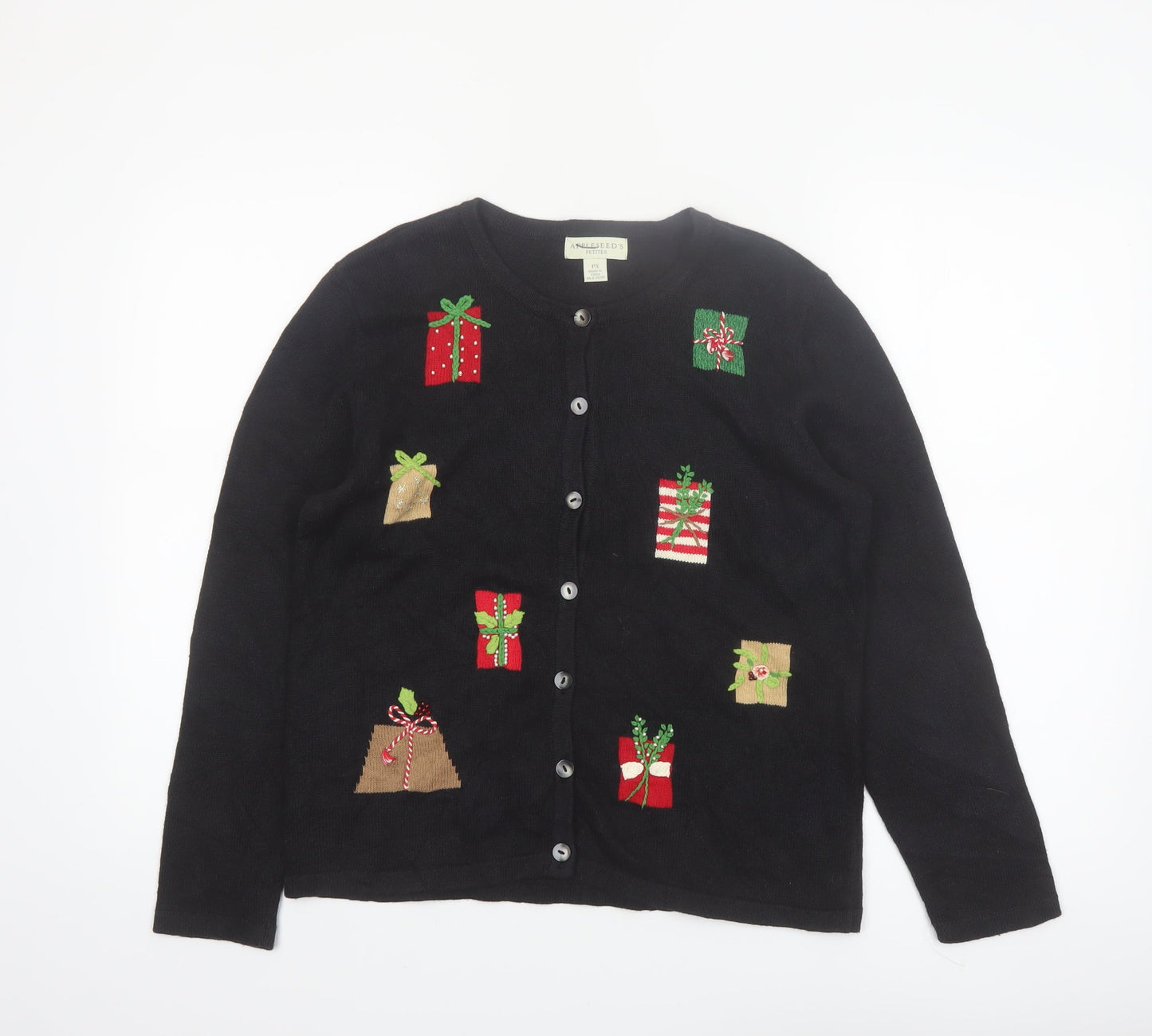 Appleseed's Petites Black Christmas Cardigan PS Women’s Ramie Cotton Holiday Jumper