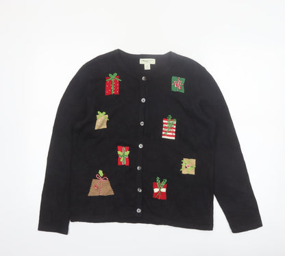 Appleseed's Petites Black Christmas Cardigan PS Women’s Ramie Cotton Holiday Jumper
