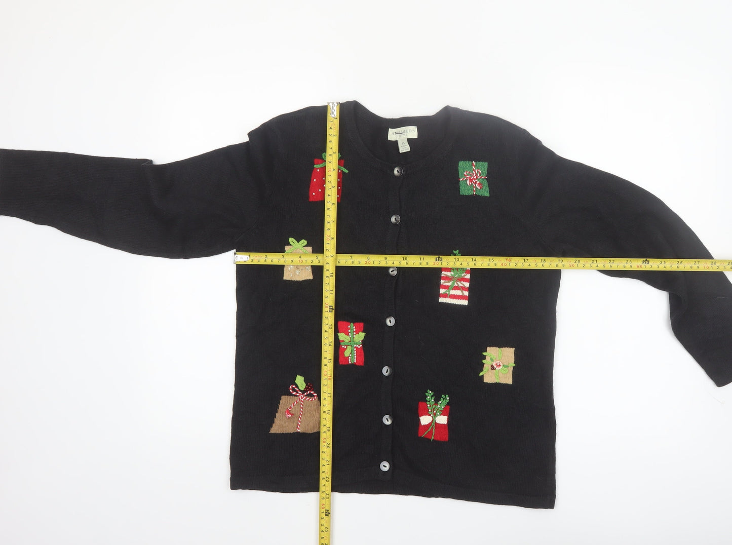 Appleseed's Petites Black Christmas Cardigan PS Women’s Ramie Cotton Holiday Jumper