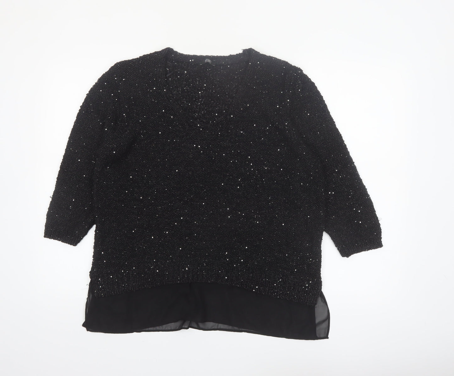 F&F Women’s Black Sequin Knit V-Neck Pullover Jumper Size 16