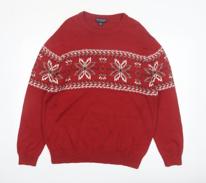 Roundtree & Yorke Mens Red Fair Isle Cotton Jumper L Winter Knitwear