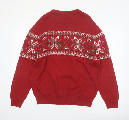 Roundtree & Yorke Mens Red Fair Isle Cotton Jumper L Winter Knitwear
