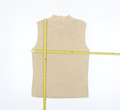 TanJay Women Beige Petite Beaded Mock Neck Sleeveless Tank Top