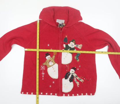 Tiara International Women Red M Christmas Cardigan Full Zip Snowman