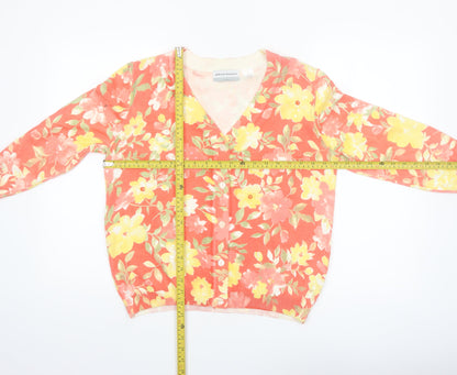 Alfred Dunner Women Floral Pink Yellow V-Neck Cardigan PL Petite