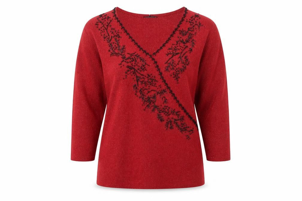 Dressbarn Women's Red Beaded V-Neck 3/4 Sleeve Pullover Jumper L