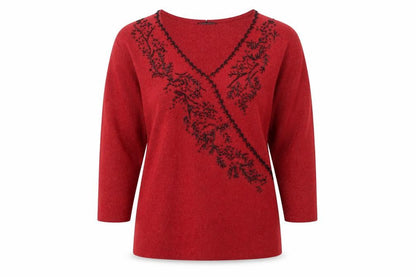 Dressbarn Women's Red Beaded V-Neck 3/4 Sleeve Pullover Jumper L