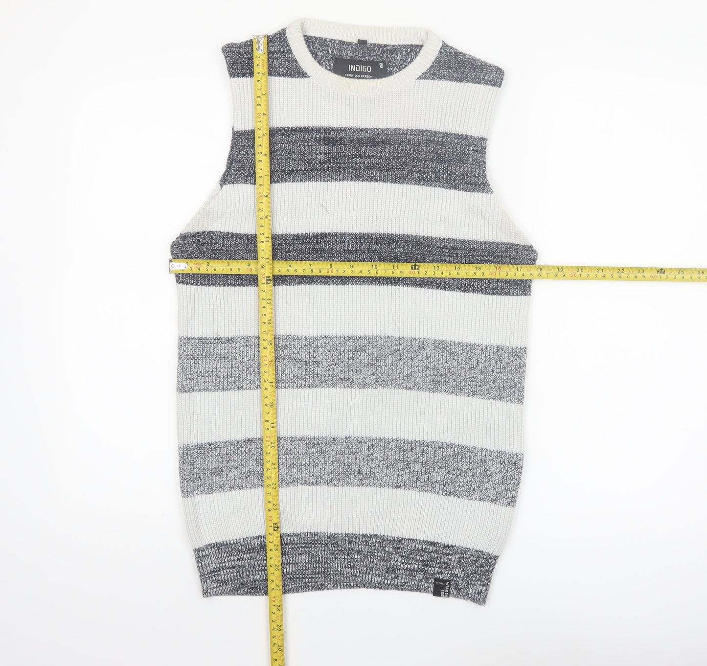 Indigo Men's Grey Striped Cotton Knit Sleeveless Vest Medium