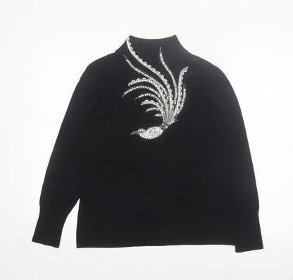 BETA'S CHOICE Women's Black Mock Neck Rhinestone Bird Jumper M
