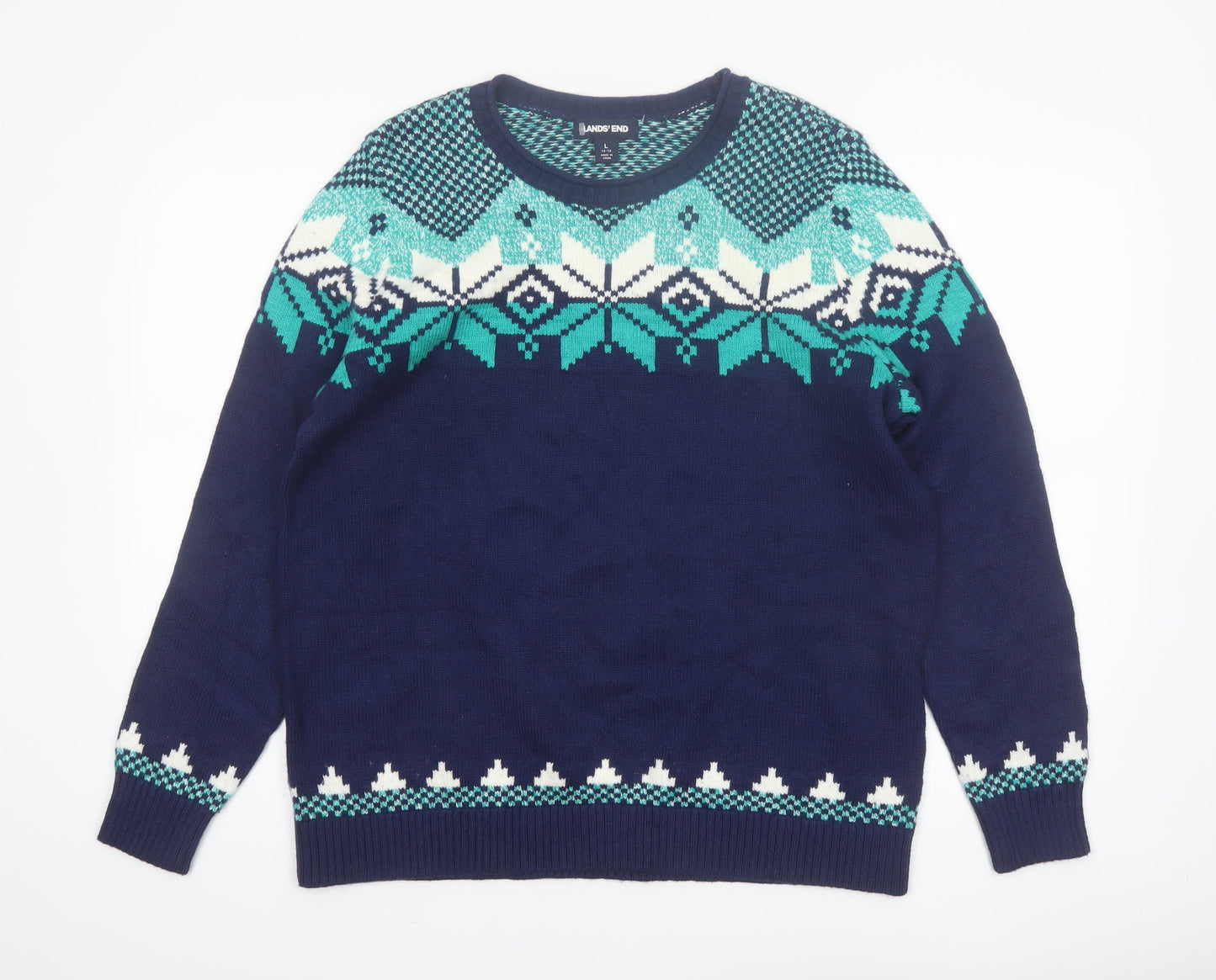 Lands' End Women's Blue Fair Isle Crew Neck Jumper L