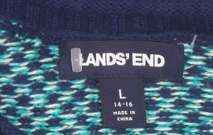 Lands' End Women's Blue Fair Isle Crew Neck Jumper L