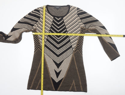 Minkas Women Beige Black Geometric Wool Cashmere Knit Tunic Jumper S