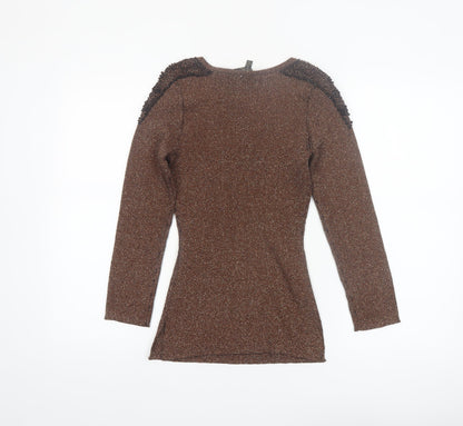 Christine Phillipe Women Brown Beaded V-Neck Long Sleeve Jumper S
