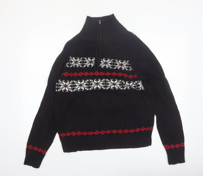 Karen Scott Women's Black Fair Isle High Neck Cotton Jumper M