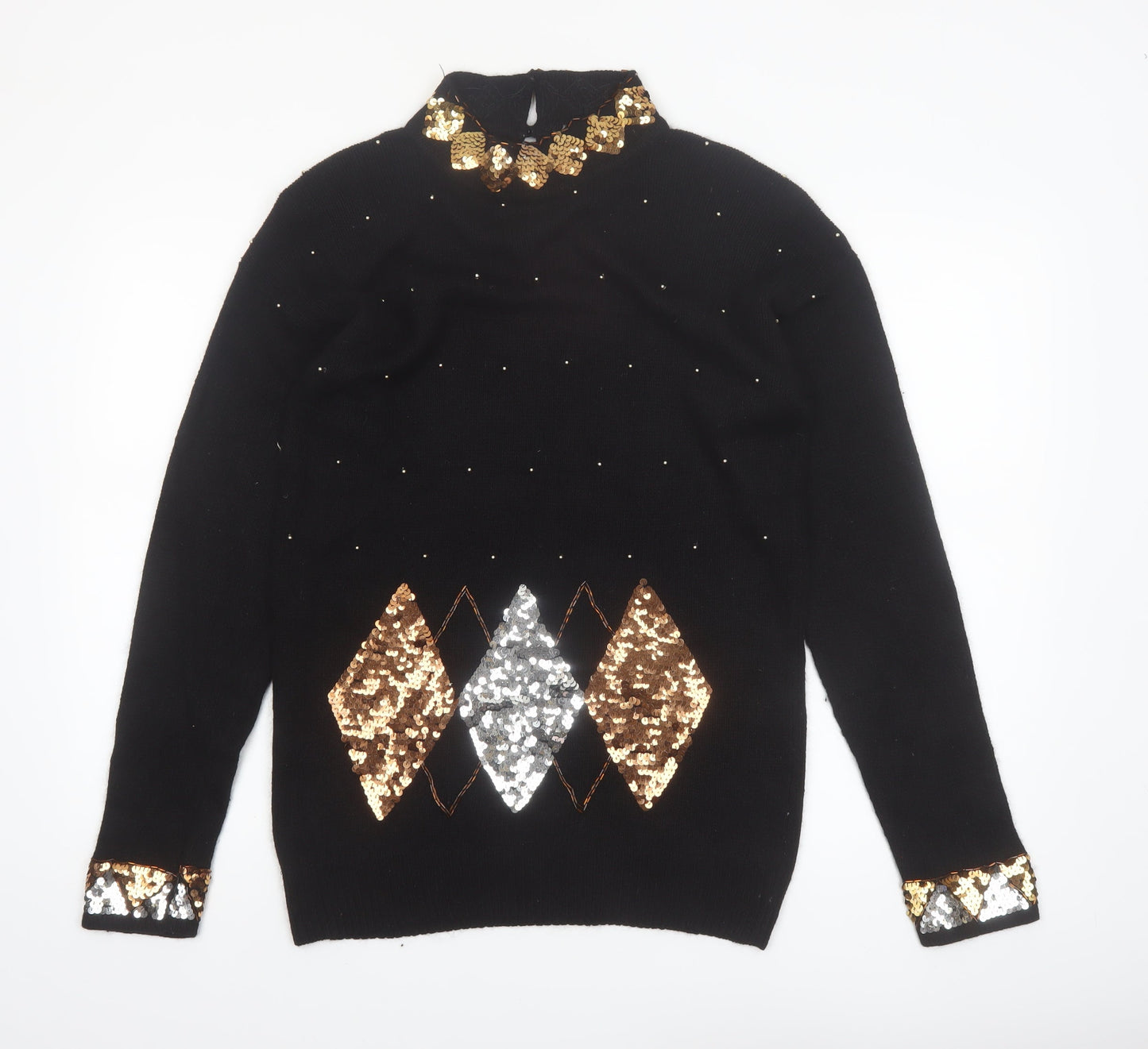 Marnie West Womens Black Sequin Argyle Vintage Silk Blend Jumper L
