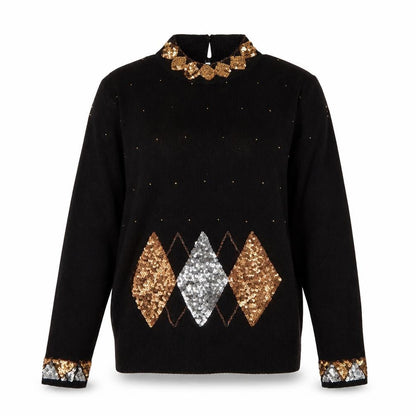 Marnie West Womens Black Sequin Argyle Vintage Silk Blend Jumper L