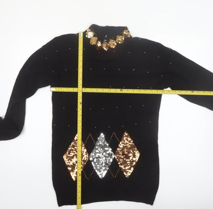 Marnie West Womens Black Sequin Argyle Vintage Silk Blend Jumper L