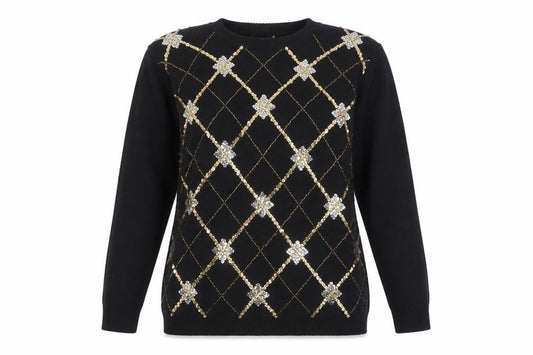 Alfred Dunner Womens Black Sequin Argyle Knit Jumper Size L