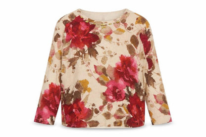 Alfred Dunner Womens Beige Floral Beaded Petite M Pullover Jumper