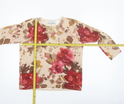 Alfred Dunner Womens Beige Floral Beaded Petite M Pullover Jumper