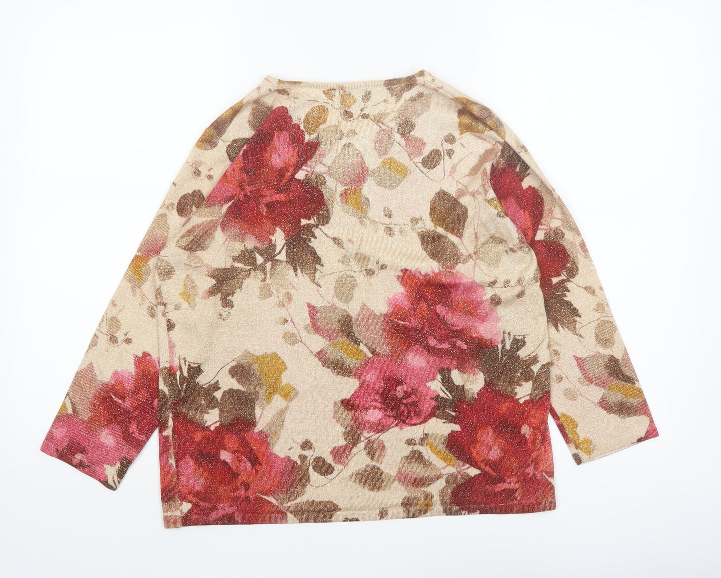 Alfred Dunner Womens Beige Floral Beaded Petite M Pullover Jumper