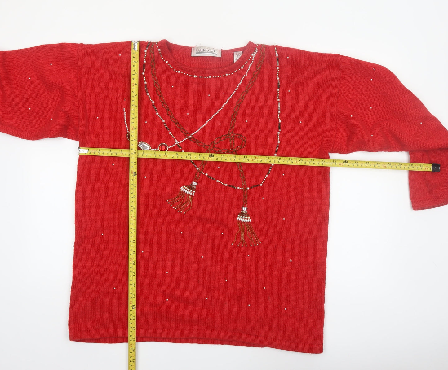 Karen Scott Women's Red Beaded Pullover Jumper Size L