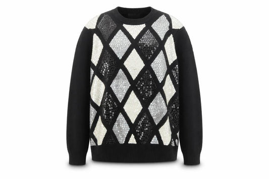 Alfred Dunner Women's Black Sequin Argyle Acrylic Jumper L
