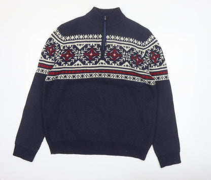 IZOD Men's Blue Fair Isle 1/4 Zip Cotton Knit Jumper Size M