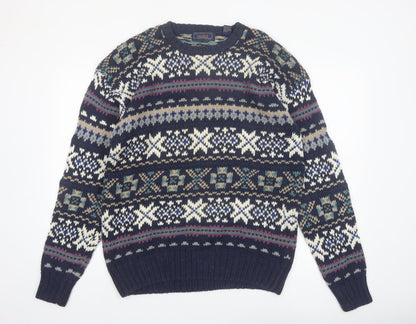Finalist Men's Blue Fair Isle Crew Neck Wool Blend Jumper L