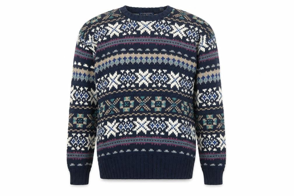Finalist Men's Blue Fair Isle Crew Neck Wool Blend Jumper L