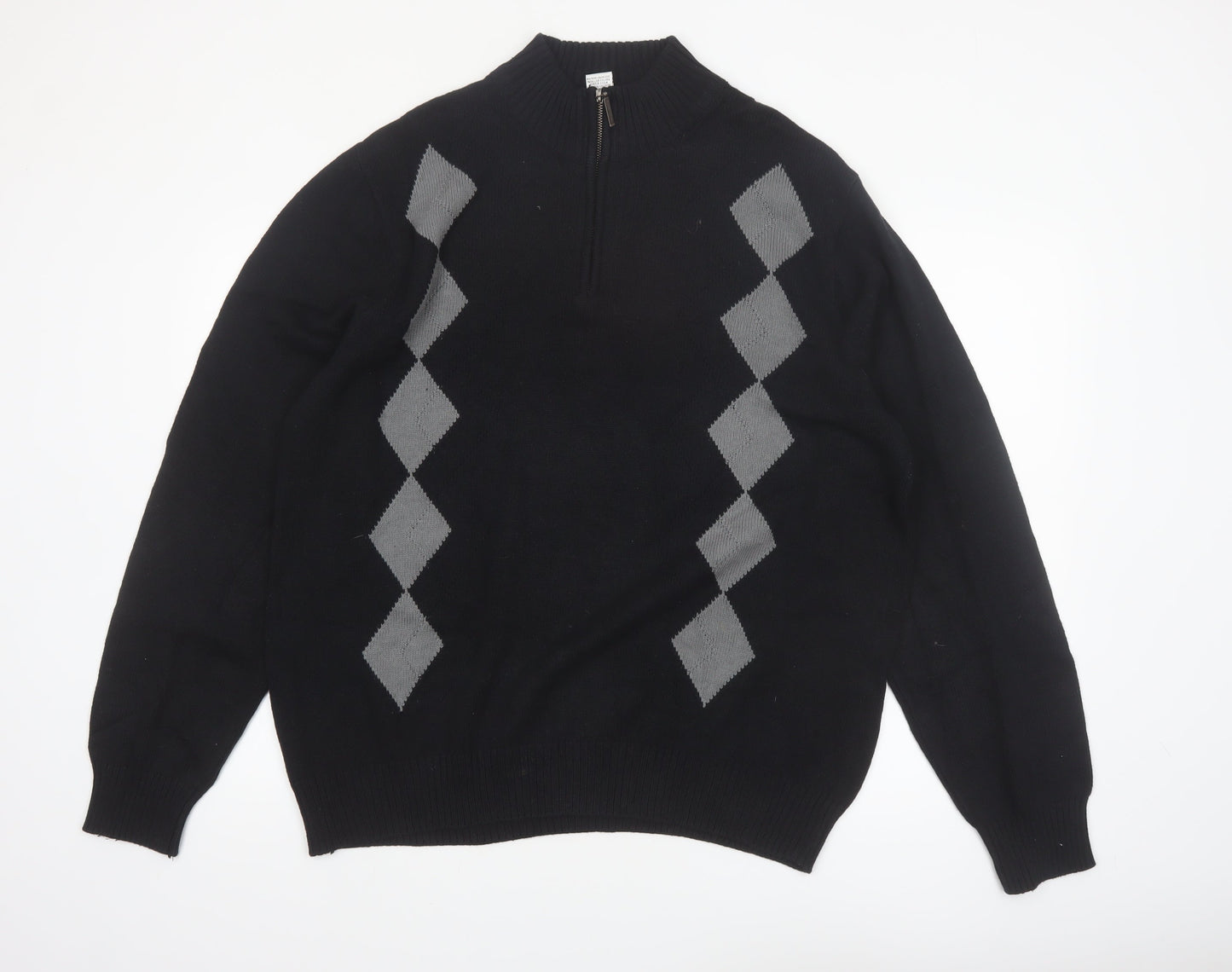 Geoffrey Beene Men's Black Argyle 1/2 Zip Cotton Jumper XL