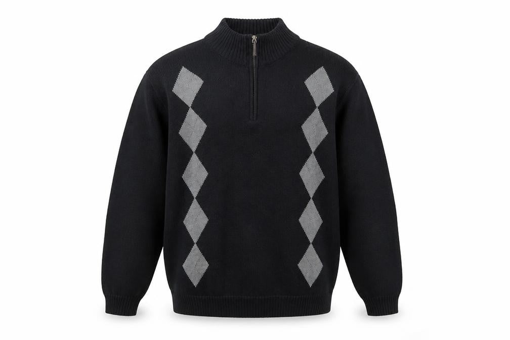 Geoffrey Beene Men's Black Argyle 1/2 Zip Cotton Jumper XL