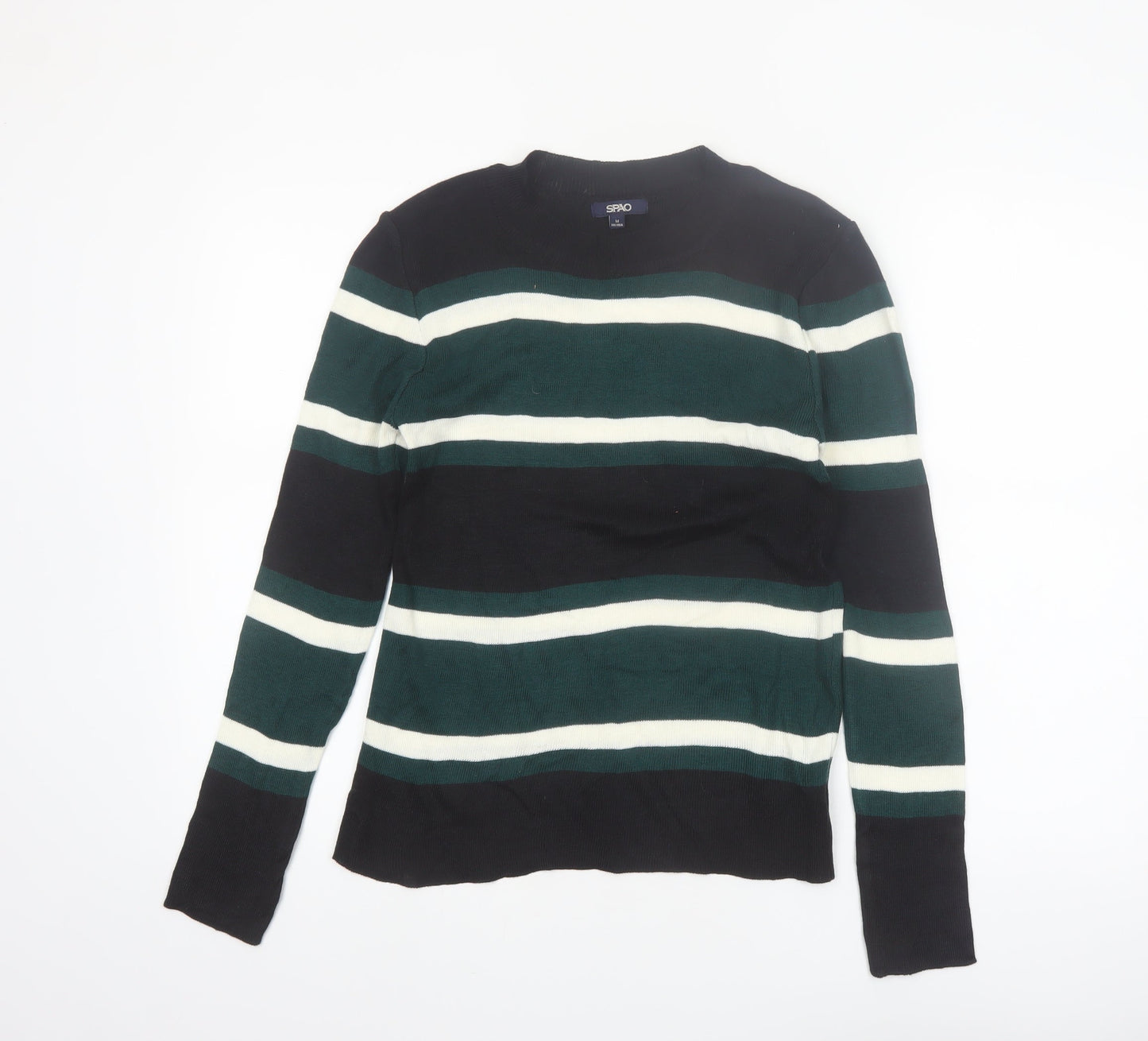 SPAO Women Green Striped Knit Crew Neck Pullover Jumper Size 10