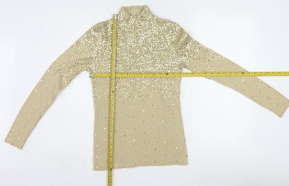 Once1Again Womens Beige Sequin Mock Neck Knit Jumper M