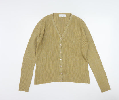 Beechers Brook Women Gold Knit V-Neck Cardigan M Acrylic Metallic