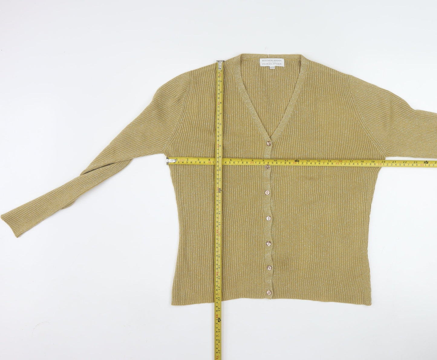 Beechers Brook Women Gold Knit V-Neck Cardigan M Acrylic Metallic