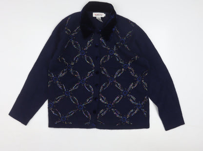 Talbots Womens Blue Wool Angora Embroidered Collared Cardigan L