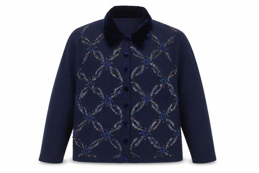 Talbots Womens Blue Wool Angora Embroidered Collared Cardigan L