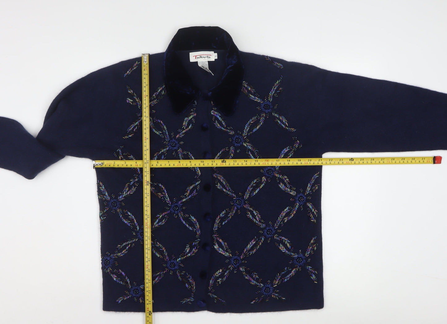 Talbots Womens Blue Wool Angora Embroidered Collared Cardigan L